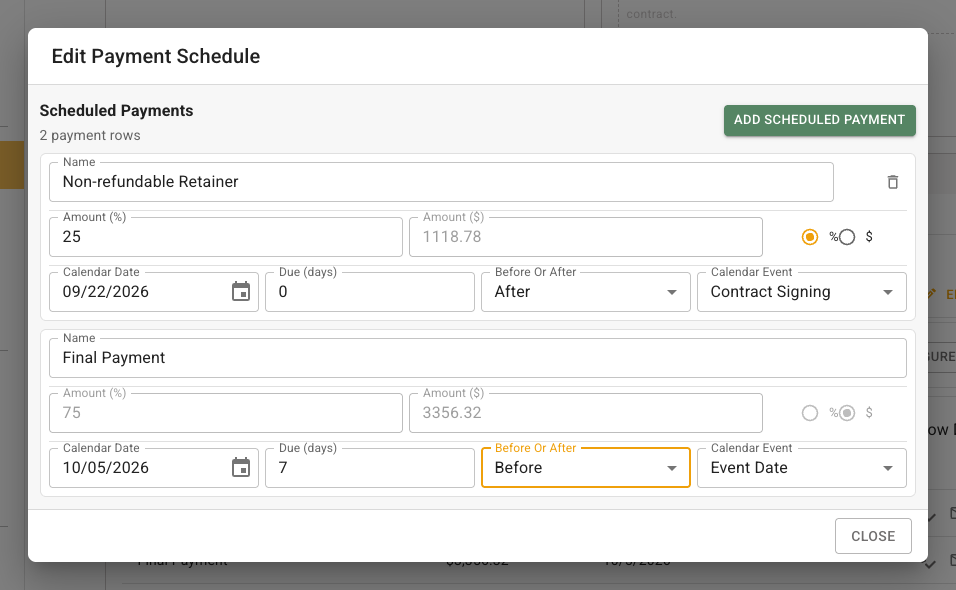 FlowerBuddy Edit Payment Schedule dialog with two valid rows. A 25 percent non-refundable retainer is due on September 22, 2026 after contract signing. The 75 percent final payment is due seven days before the October 12, 2026 event, producing an October 5 due date.