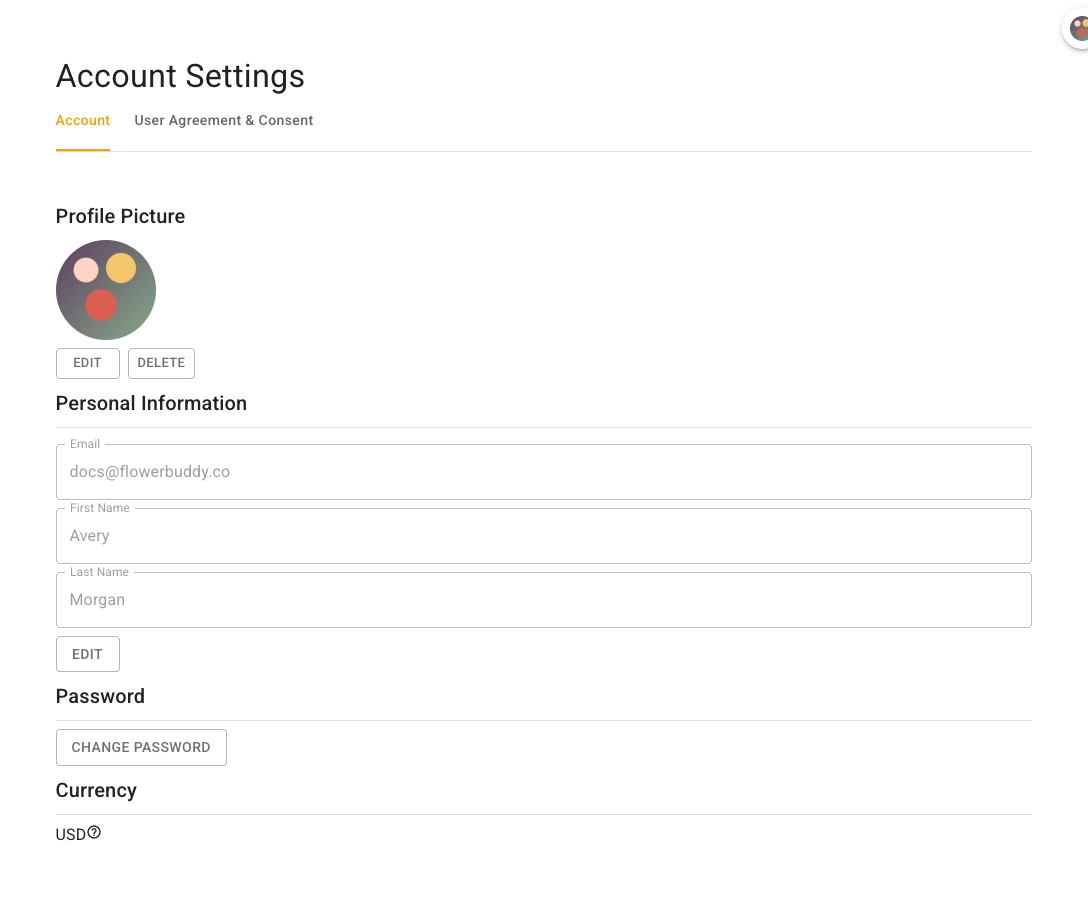 FlowerBuddy Account Settings Account tab with a profile image and Edit and Delete buttons, Personal Information fields, Change Password button, and Currency section.