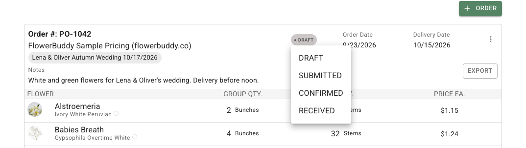 Purchase order status menu showing Draft, Submitted, Confirmed, and Received beside the saved order's details