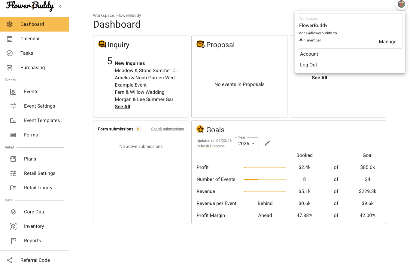 FlowerBuddy profile menu over the Dashboard, showing a workspace card with its name, owner email, member count, and Manage, Account, and Log Out options.