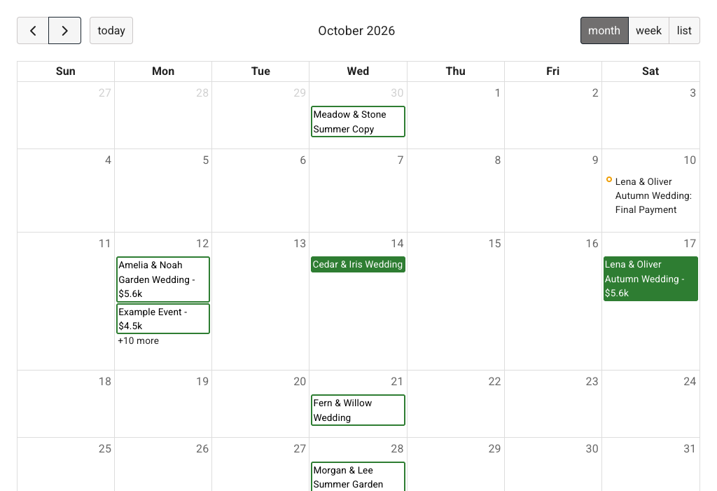 FlowerBuddy Calendar for October 2026 showing previous and next date arrows, Today, the October 2026 period title, a populated month grid, and Month, Week, and List view controls.