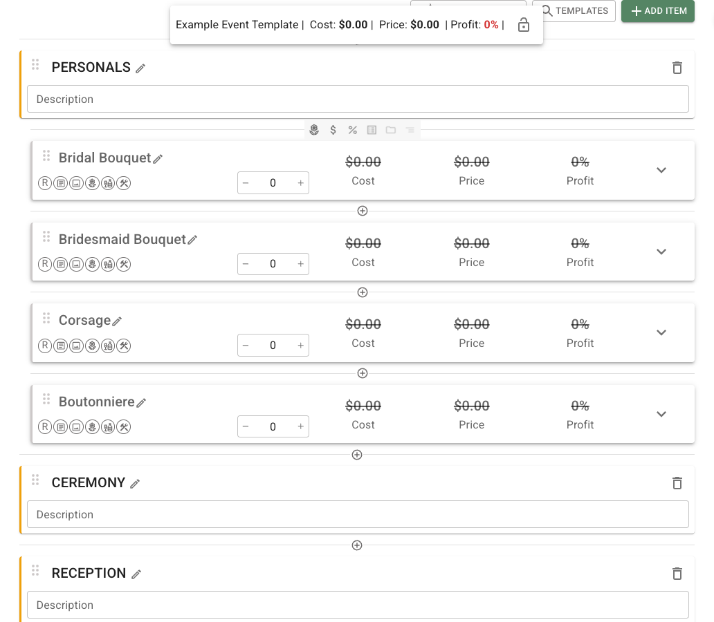 FlowerBuddy Event Template Recipes tab showing Personals with Bridal Bouquet, Bridesmaid Bouquet, Corsage, and Boutonniere recipe rows, plus Ceremony and Reception sections with description fields and recipe controls.