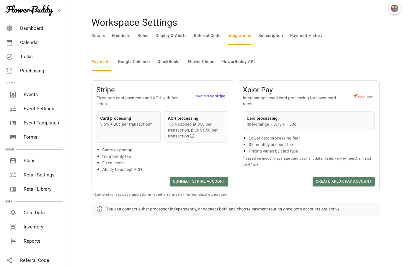 Workspace Settings Integrations tab with nested tabs for Payments, Google Calendar, QuickBooks, Flower Clique, and FlowerBuddy API.