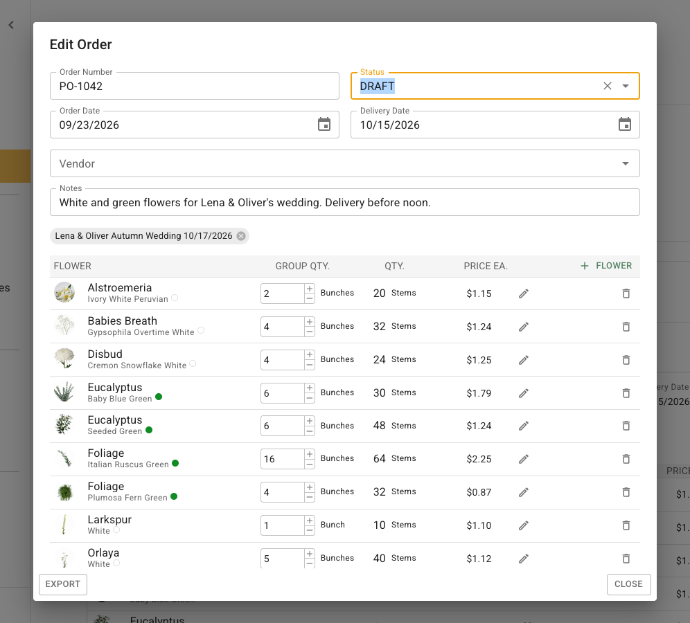 Purchase order editor with an associated wedding chip above the flower and hard-good items and their quantities
