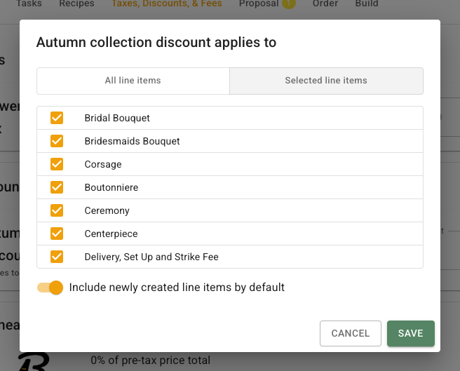 Autumn collection discount applies to dialog with Selected line items active, checkboxes beside the event's recipes and other costs, and Include newly created line items by default below the selection.