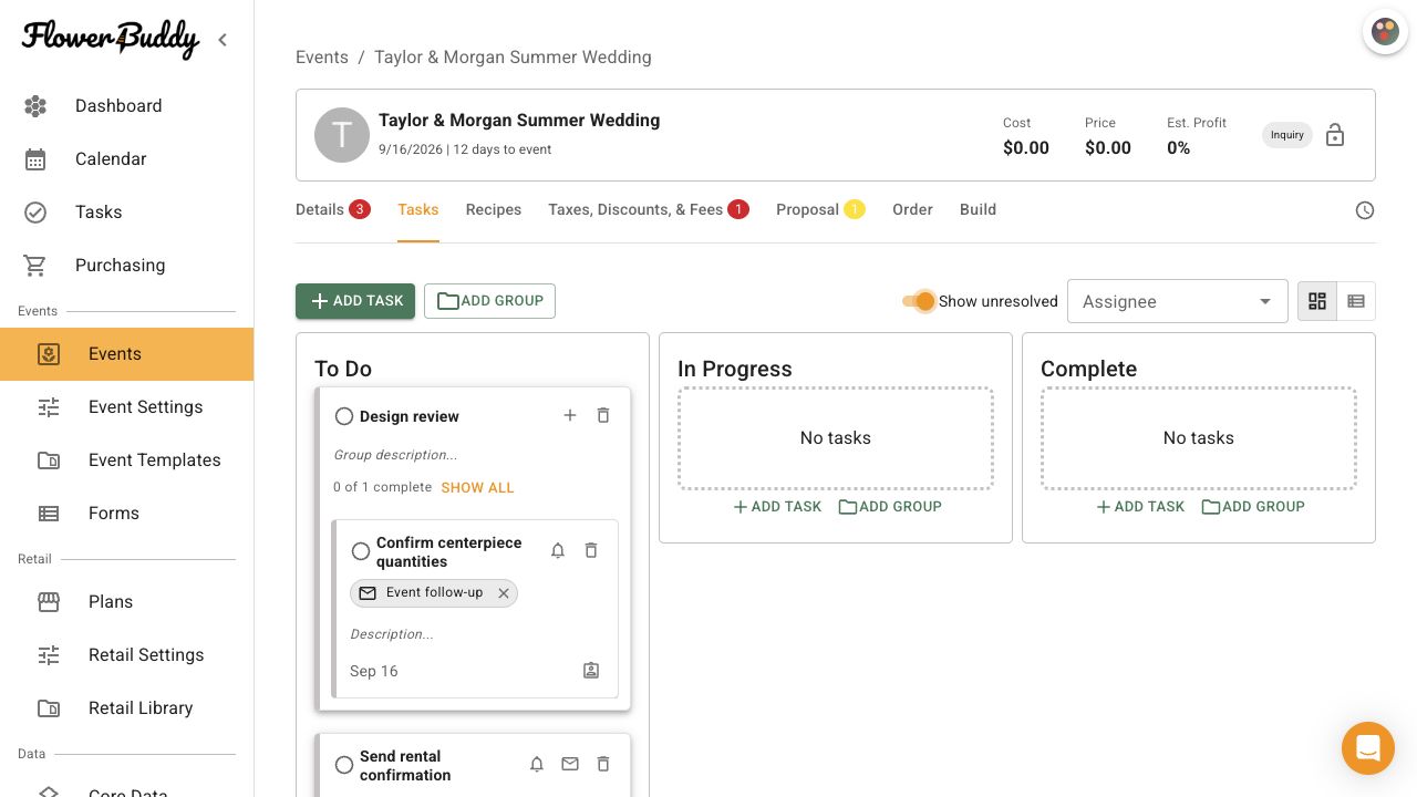 FlowerBuddy Event Page Tasks tab showing a populated Design review task group with child tasks, Add Task and Add Group controls, Show unresolved, Assignee, and Board or List controls.