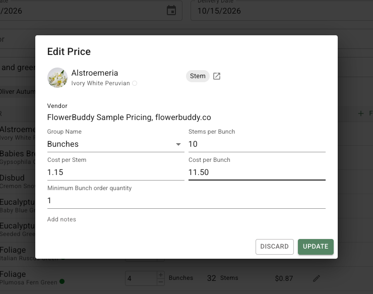 Edit Price dialog for Alstroemeria showing Bunches, ten stems per bunch, a cost of $1.15 per stem and $11.50 per bunch, and the Update button