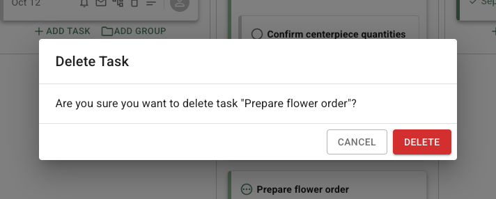 FlowerBuddy Delete Task confirmation above the Tasks page, identifying Prepare flower order as the task to remove and showing Cancel and Delete choices.