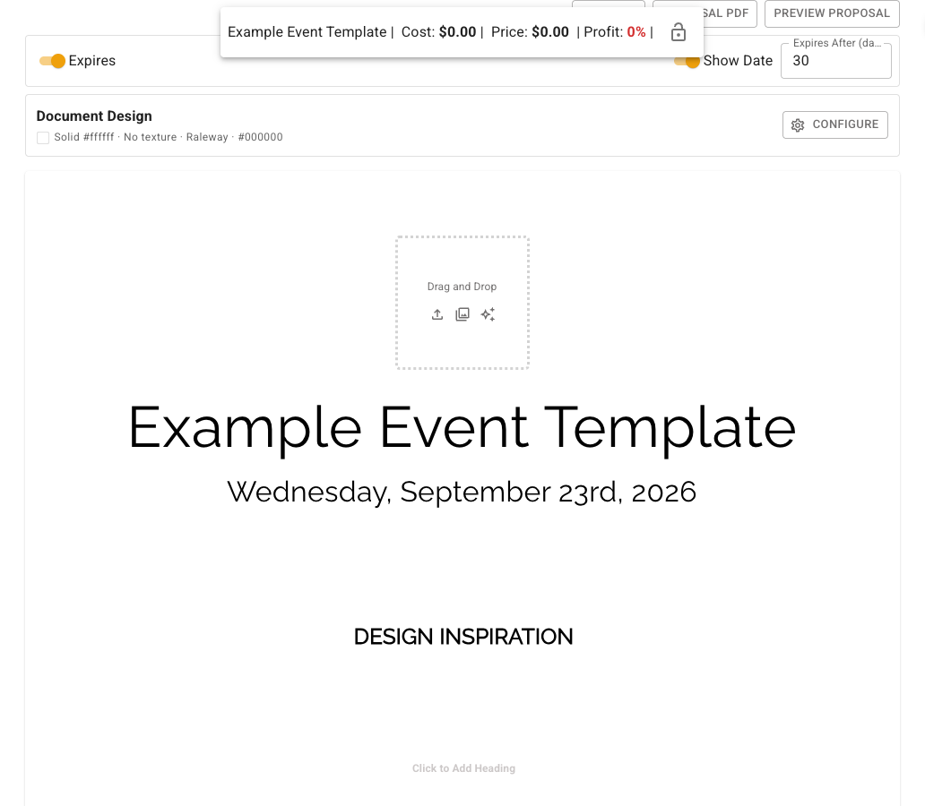 FlowerBuddy Event Template Proposal tab showing expiration and date switches, an expiration-days field, Document Design with Configure, and a design-inspiration section with reusable heading content.