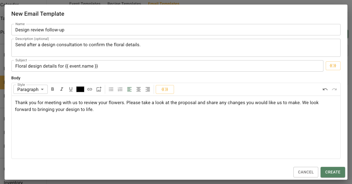New Email Template dialog showing Name, Description (optional), Subject, Body, rich-text formatting toolbar, and Cancel and Create actions