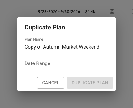 Duplicate Plan dialog with Plan Name, Date Range, Cancel, and Duplicate Plan controls.