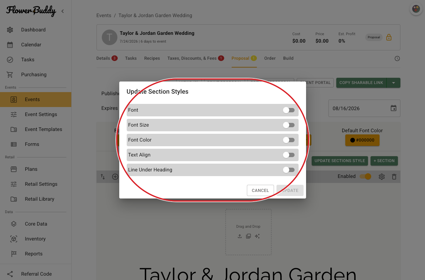 FlowerBuddy Update Section Styles dialog on the Proposal tab with switches for Font, Font Size, Font Color, Text Align, and Line Under Heading, plus Cancel and Update controls.