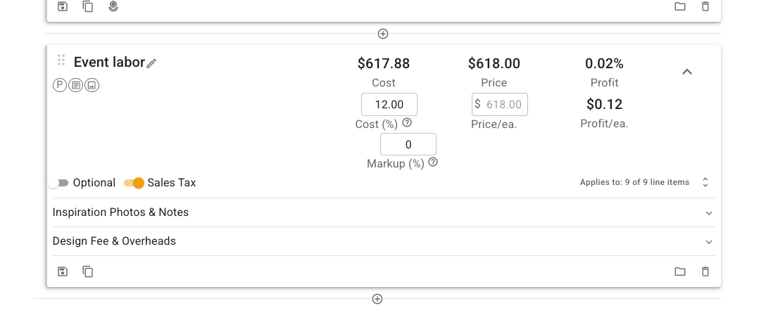 FlowerBuddy Event labor percent-cost card showing Cost of 12 percent, Markup, calculated Price and Profit, and the Applies to control on the right.