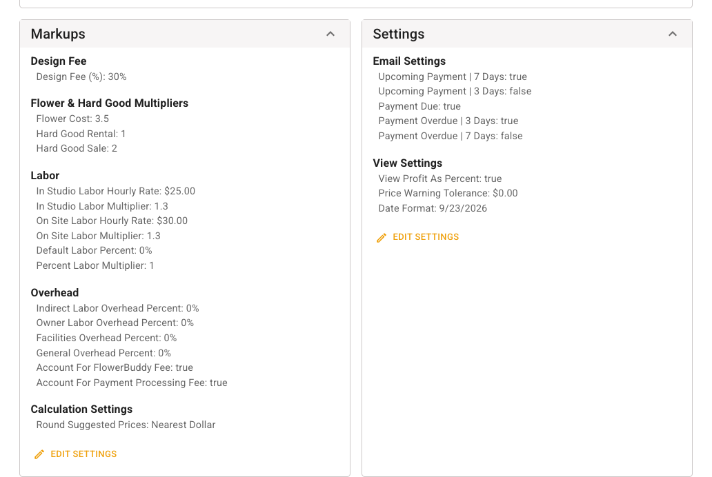 FlowerBuddy Event Template Details tab showing Markups with design fee, flower and hard-good multipliers, labor, overhead, and calculation settings, beside Settings with payment notification, profit view, price warning tolerance, and date format values.