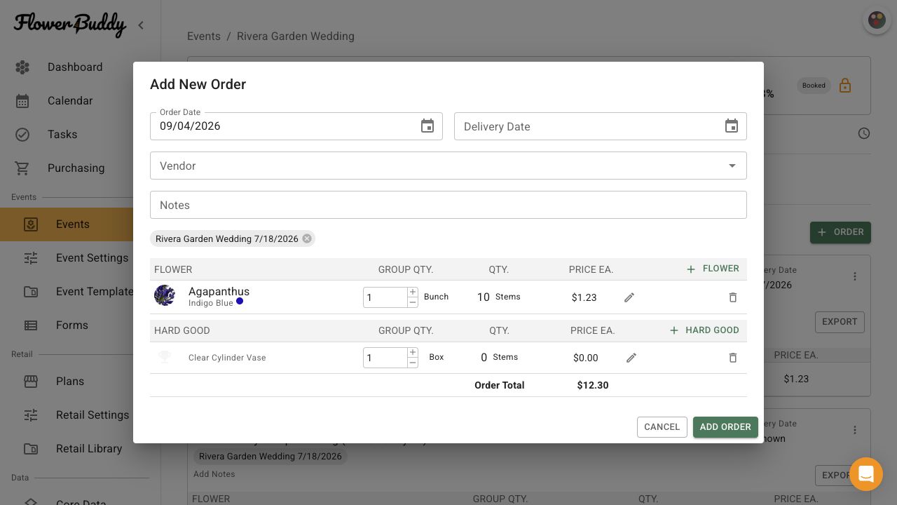 FlowerBuddy Add New Order dialog showing order and delivery dates, vendor and notes fields, populated flower and hard-good lines with group quantities and prices, the Order Total, and the Add Order control.