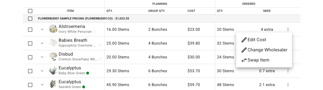 Purchasing flower row with its three-dot menu open showing Edit Cost, Change Wholesaler, and Swap Item