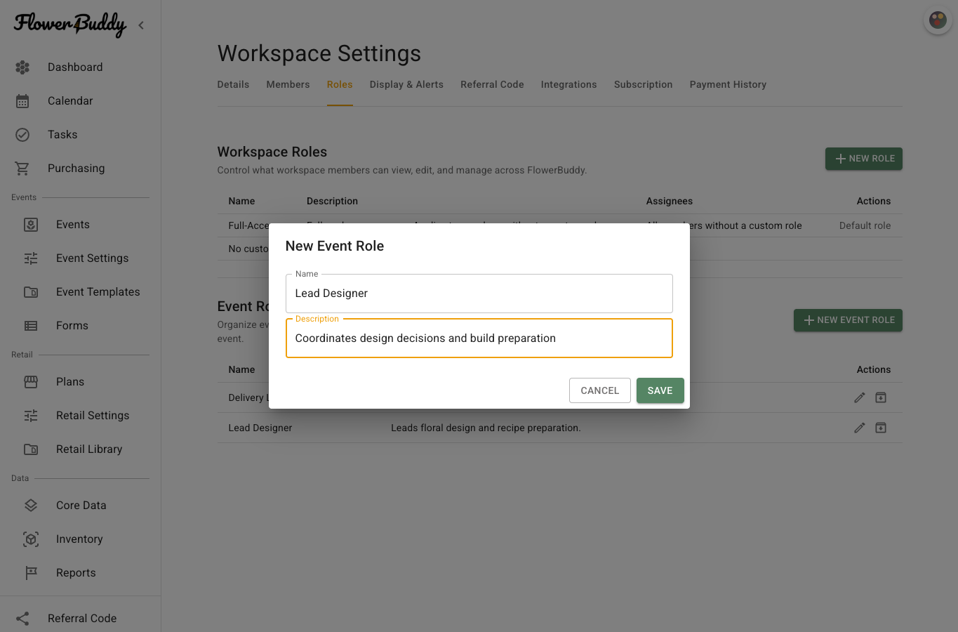 New Event Role dialog with Lead Designer in Name and a description for coordinating design decisions and build preparation.
