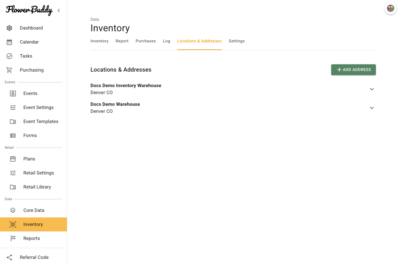 Locations and Addresses tab showing Inventory Address sections and their Inventory Locations.