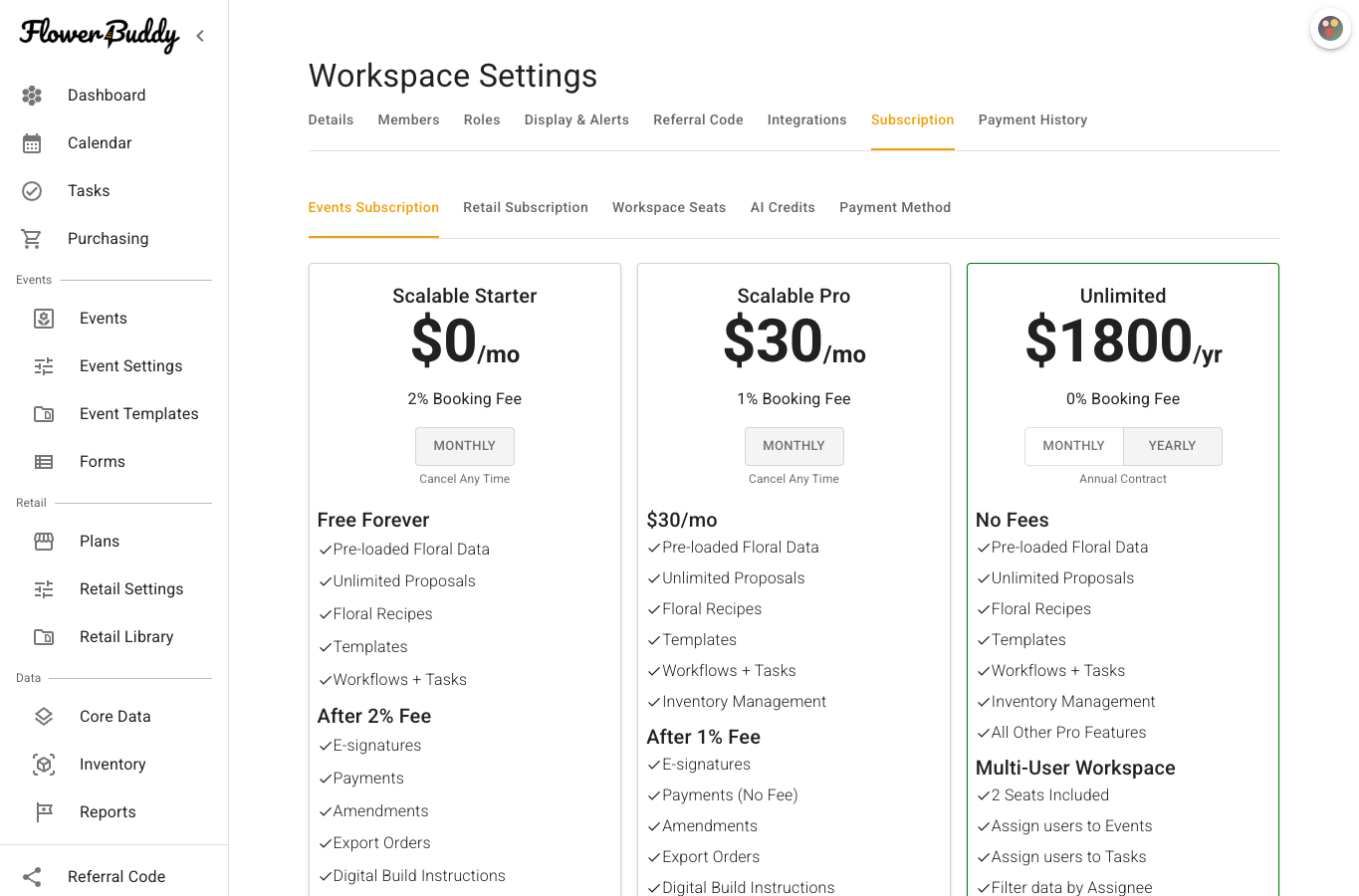 Subscription tab with Events Subscription selected and nested tabs for Retail Subscription, Workspace Seats, AI Credits, and Payment Method.