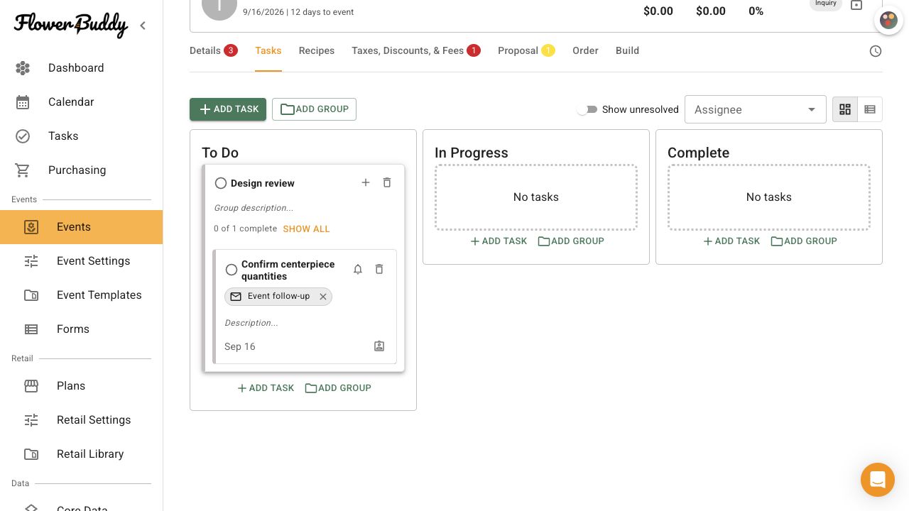 FlowerBuddy event Tasks tab showing To Do, In Progress, and Complete columns. The Confirm centerpiece quantities task appears inside the Design review group with an Event follow-up email template chip, notification icon, and due date.