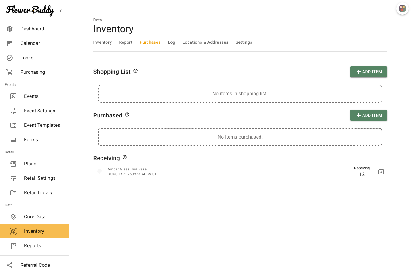 Purchases tab showing Amber Glass Bud Vase in Receiving with a quantity of 12 before it is moved to in stock.