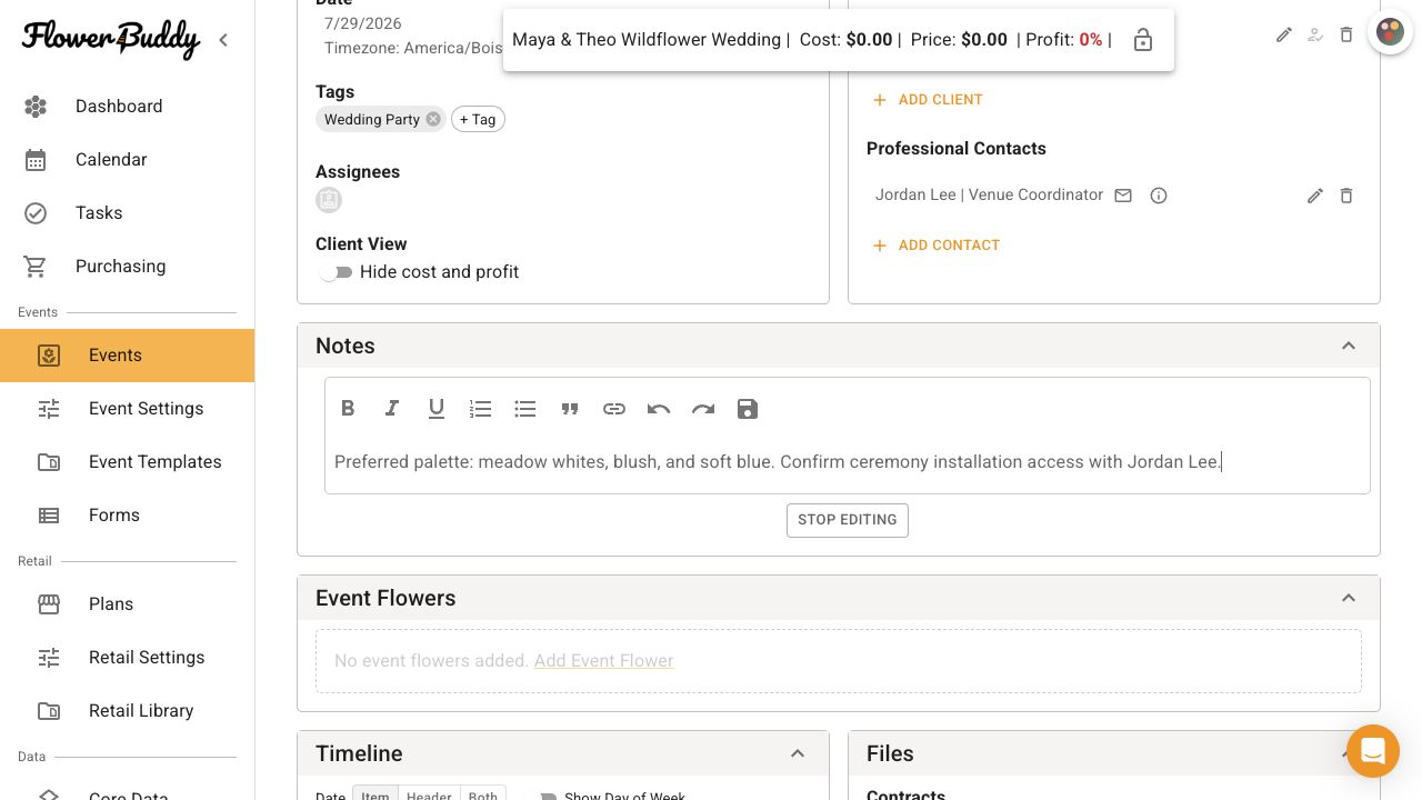 FlowerBuddy Details tab showing the Notes section in edit mode with formatting controls and an internal event note about the preferred palette and ceremony installation access.