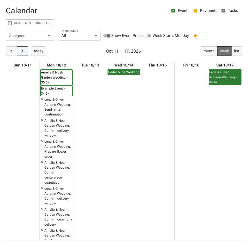 FlowerBuddy Calendar Week view for October 11 through October 17, 2026, with Events, Payments, and Tasks selected. Monday shows Amelia and Noah Garden Wedding, Example Event, and task entries for rental confirmation, flower ordering, and delivery preparation. Cedar and Iris Wedding appears on Wednesday, and Lena and Oliver Autumn Wedding appears on Saturday.
