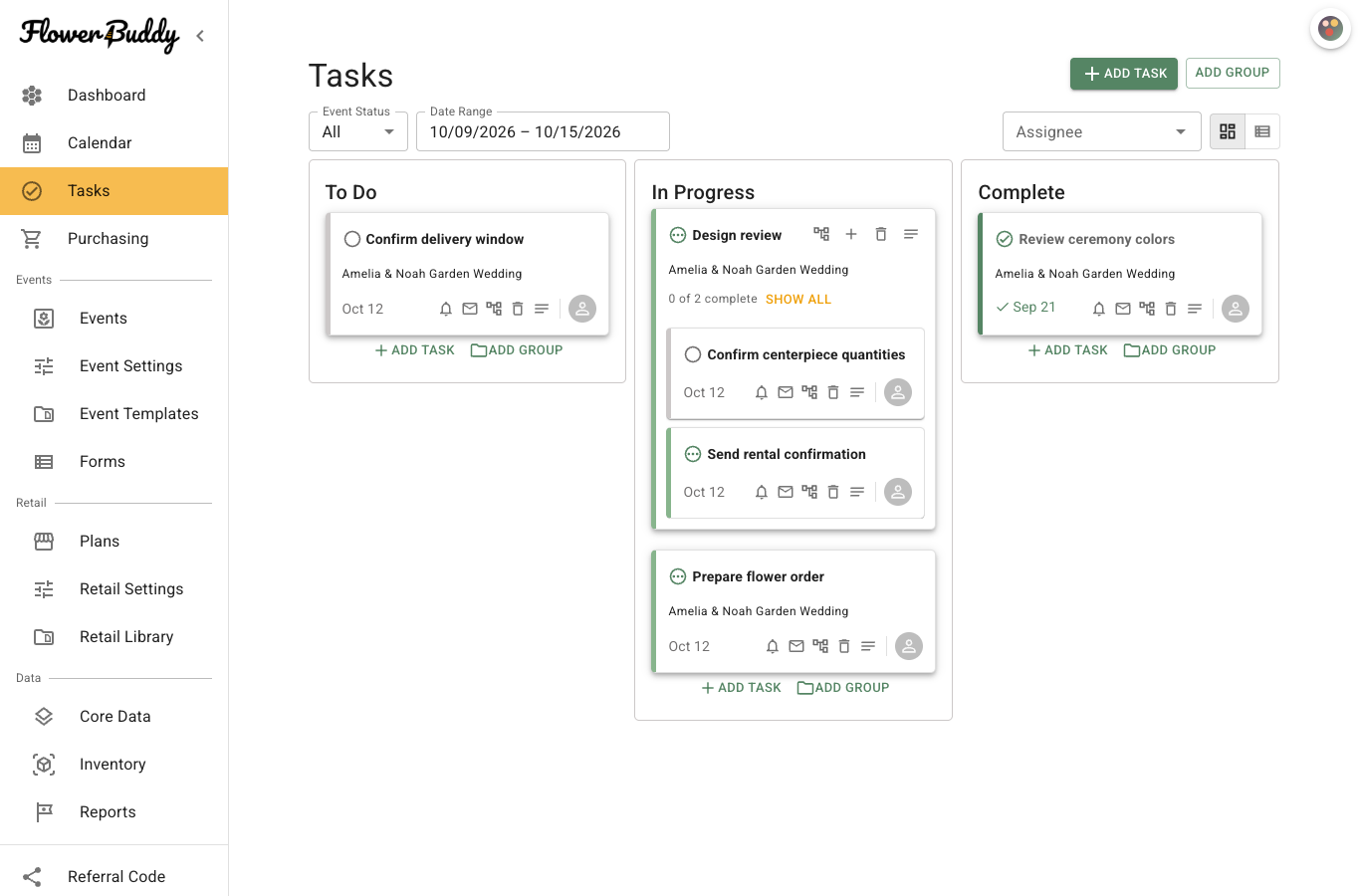 FlowerBuddy Tasks page showing populated To Do, In Progress, and Complete columns. A Design review group contains wedding preparation tasks, alongside individual tasks with event names and due dates. Event Status, Date Range, and Assignee filters appear above the board.