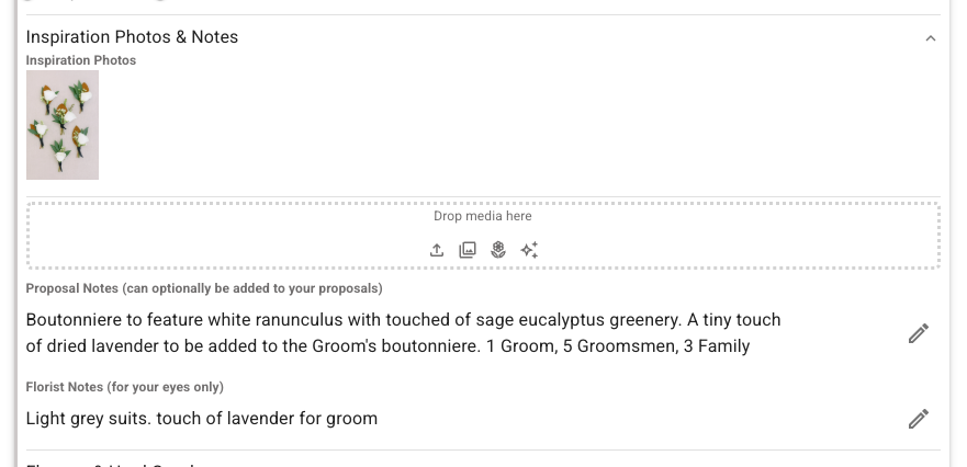 Expanded Inspiration Photos & Notes section with a boutonniere image, proposal description, and separate Florist Notes for the team