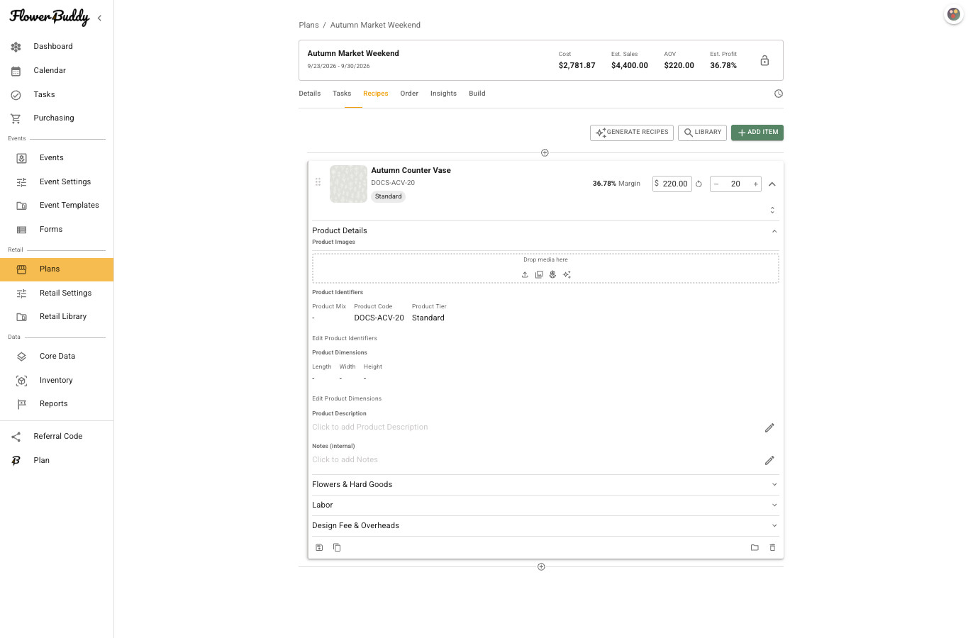 Expanded product details showing image controls, product code, product tier, dimensions, product description, and internal notes.