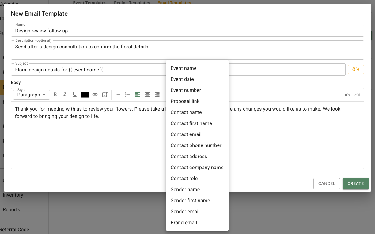 Email template editor with the Insert variable menu open, listing event details, Proposal link, contact details, sender details, and Brand email