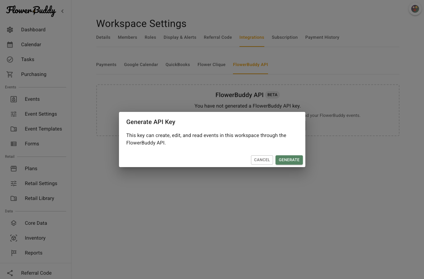 Generate API Key confirmation explaining that the key can create, edit, and read workspace events, with Cancel and Generate buttons.