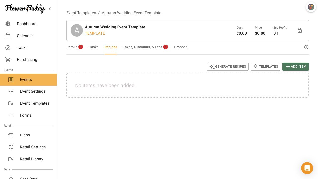 FlowerBuddy template created from an event, with the new reusable template page open after submission.