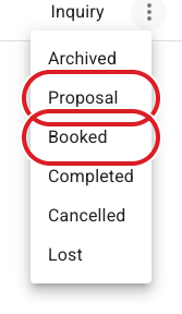 FlowerBuddy event status menu open from an event row on the Events page, showing the available main status choices.