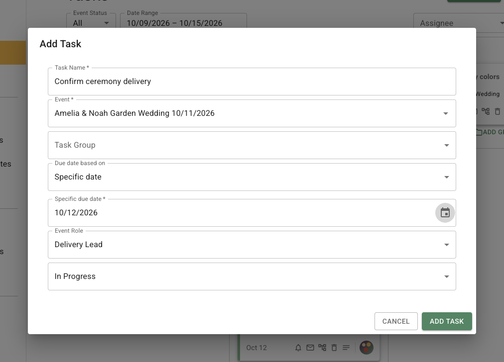 Filled Add Task dialog for Confirm ceremony delivery on Amelia and Noah Garden Wedding, with Specific date selected, Delivery Lead as the Event Role, no task group, and In Progress as the starting status.