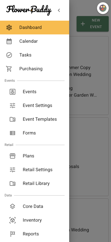 FlowerBuddy mobile navigation drawer open over the Dashboard with main destinations and Events, Retail, and Data groups.