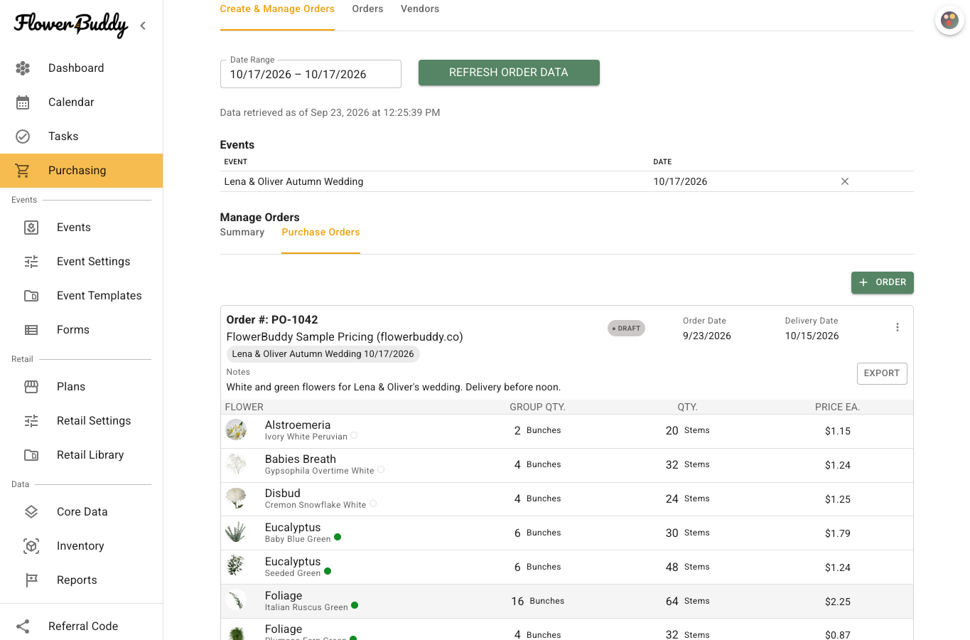 Saved draft purchase order PO-1042 for a wedding showing the vendor, delivery date, order notes, and flower quantities
