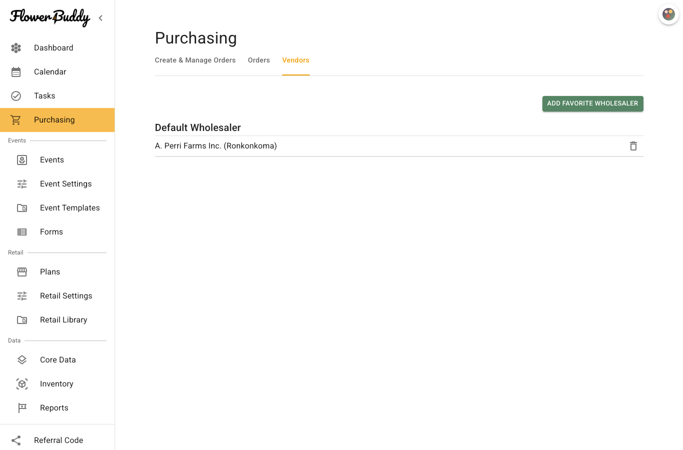 Purchasing Vendors tab showing the default wholesaler, other favorite wholesaler locations, and Add Favorite Wholesaler button