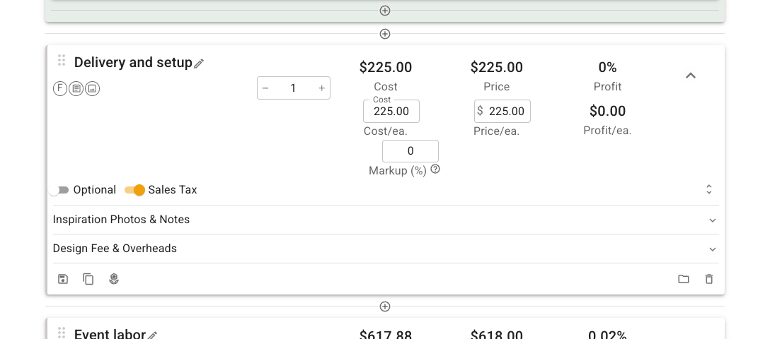 FlowerBuddy Delivery and setup fixed-cost card showing one unit, Cost per unit, Markup percentage, Price per unit, and the calculated total Cost, Price, and Profit.