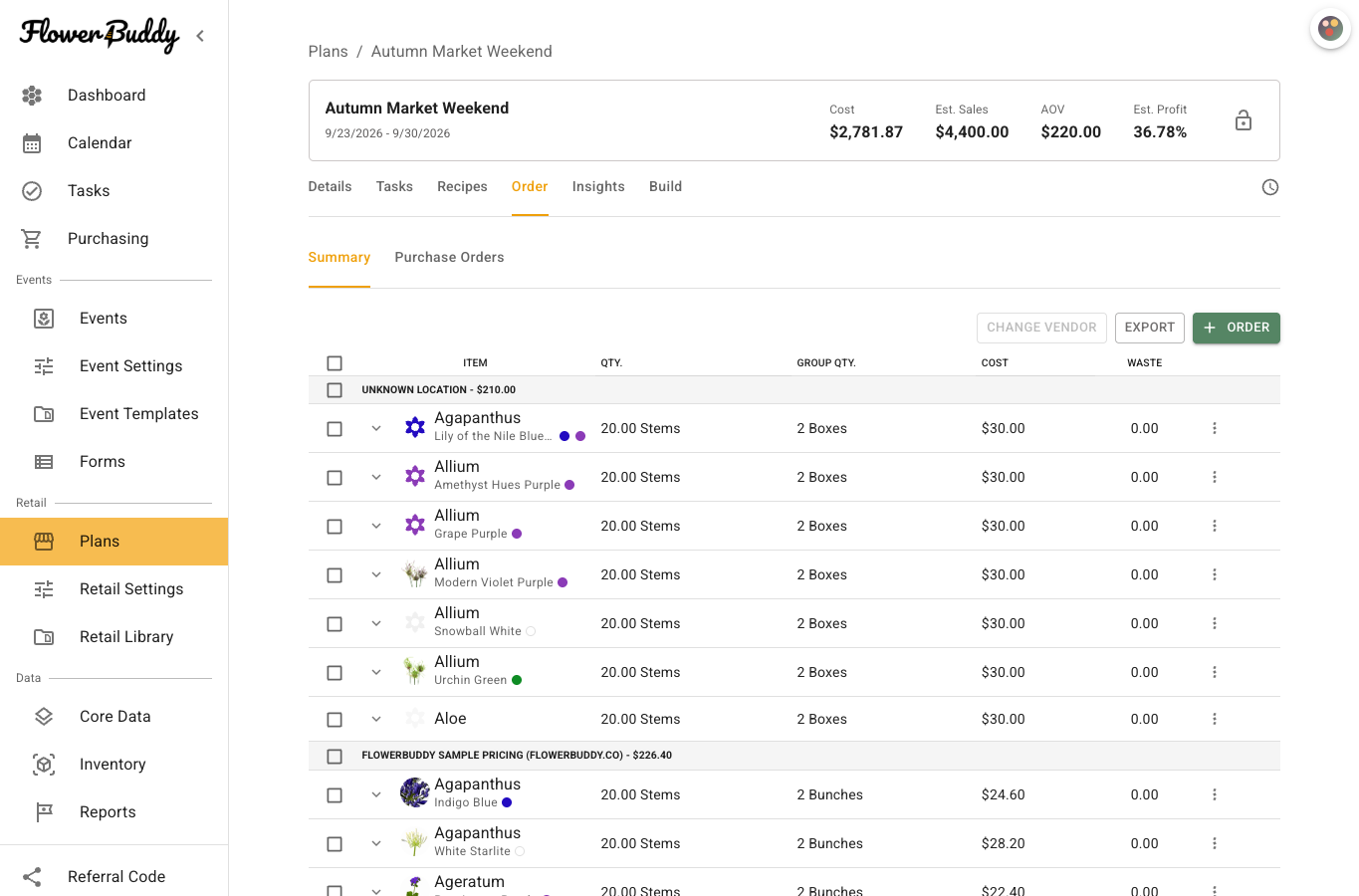 Retail plan Order Summary showing ingredient quantities, buying groups, costs, vendor locations, and item-selection controls.