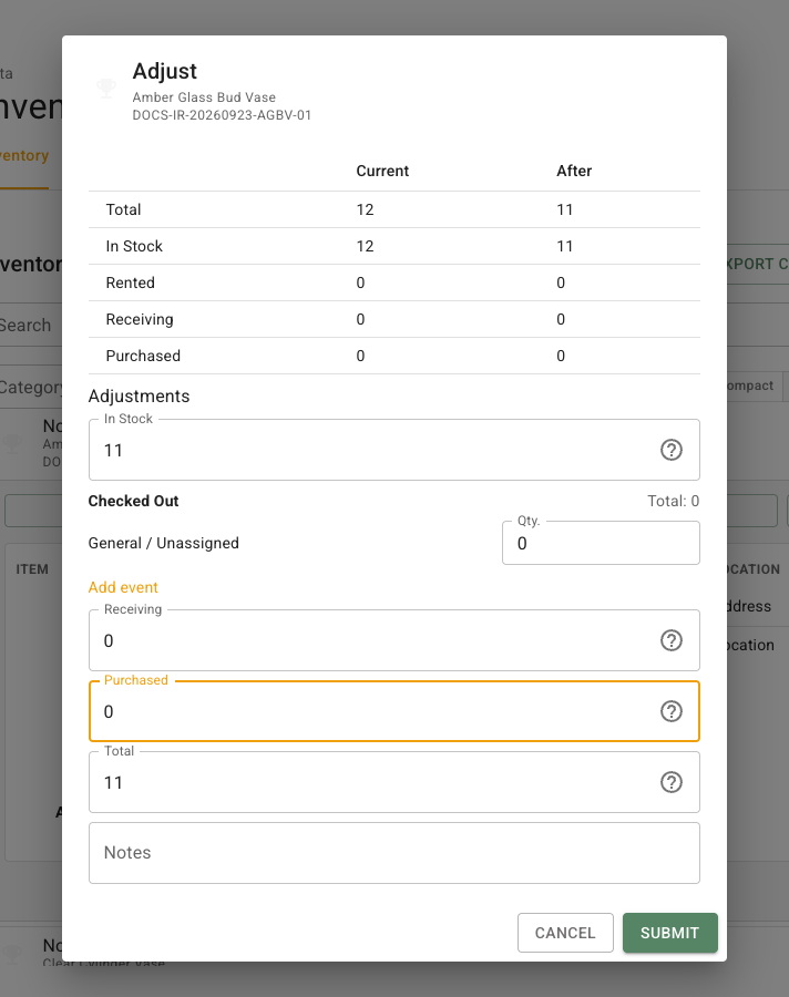Adjust dialog for Amber Glass Bud Vase showing the current and corrected Total, In Stock, Rented, Receiving, and Purchased quantities.