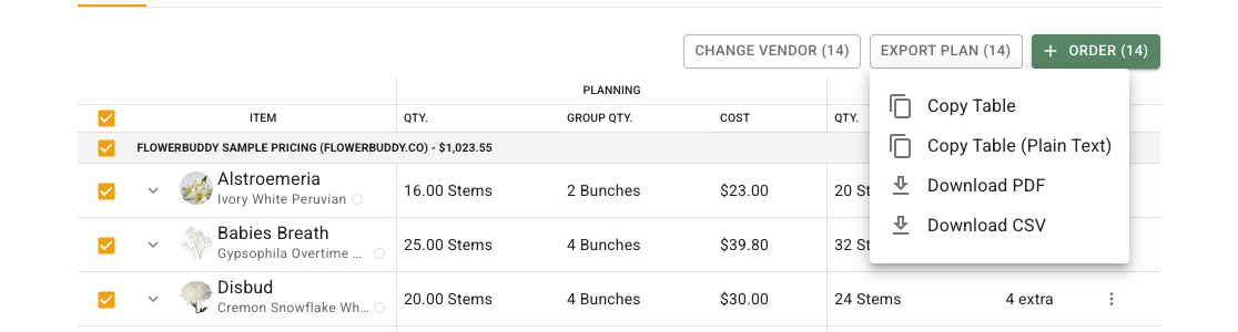 Purchasing export menu over the selected summary rows with Copy Table, Copy Table Plain Text, Download PDF, and Download CSV