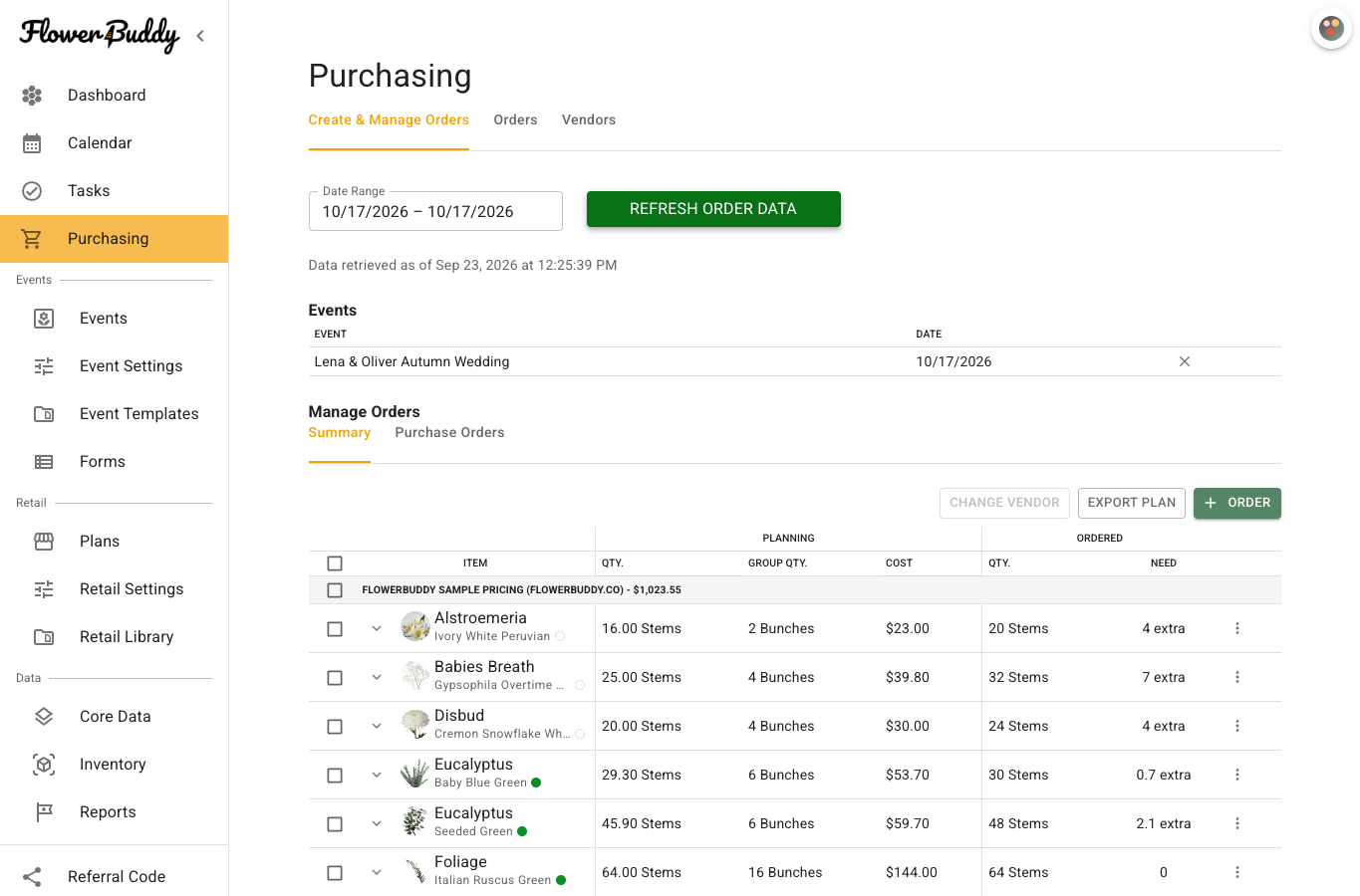 Purchasing page with a selected date range, a booked wedding, and populated flower requirements below the event list