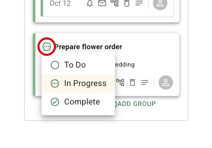 FlowerBuddy Prepare flower order task card with its status button circled and the attached menu showing To Do, In Progress, and Complete choices.