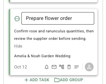 FlowerBuddy task card with the task name field open in place for editing, showing the current name Prepare flower order.