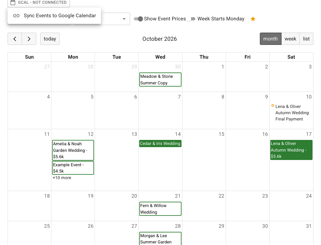 FlowerBuddy Calendar for October 2026 with the Google Calendar menu open in the disconnected state, showing GCal - Not Connected and the Sync Events to Google Calendar action over a populated month grid.