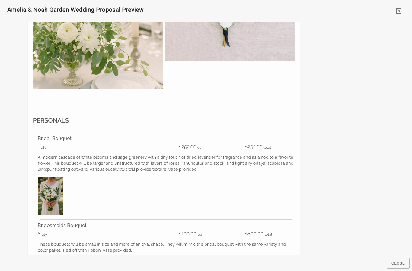 FlowerBuddy proposal preview showing the Personals section with Bridal Bouquet and Bridesmaids Bouquet, including quantities, unit prices, totals, descriptions, and a bouquet photo.