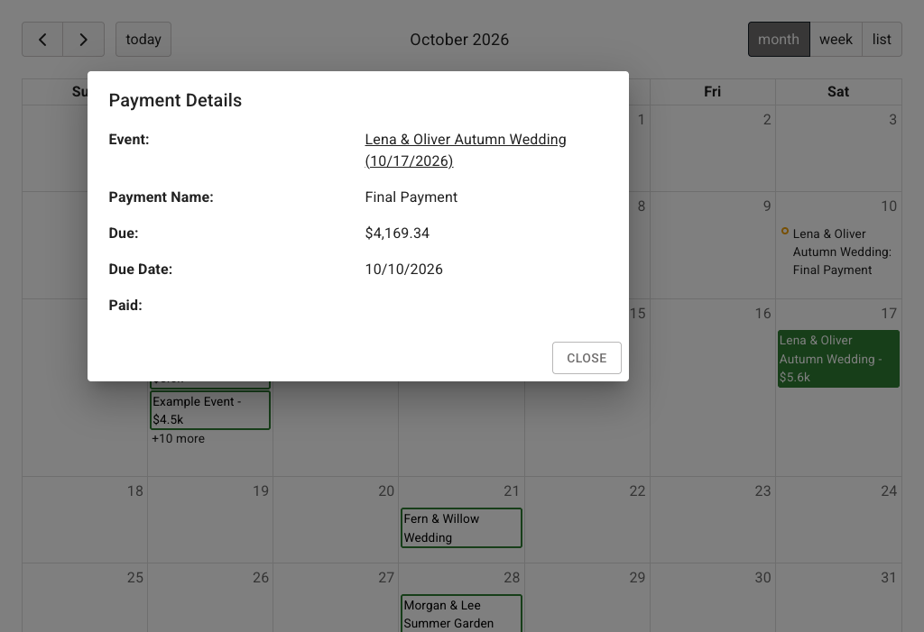 FlowerBuddy Calendar Payment Details dialog for the Final Payment on Lena and Oliver Autumn Wedding, showing the event link, $4,169.34 due amount, October 10 2026 due date, and the October calendar behind the dialog.