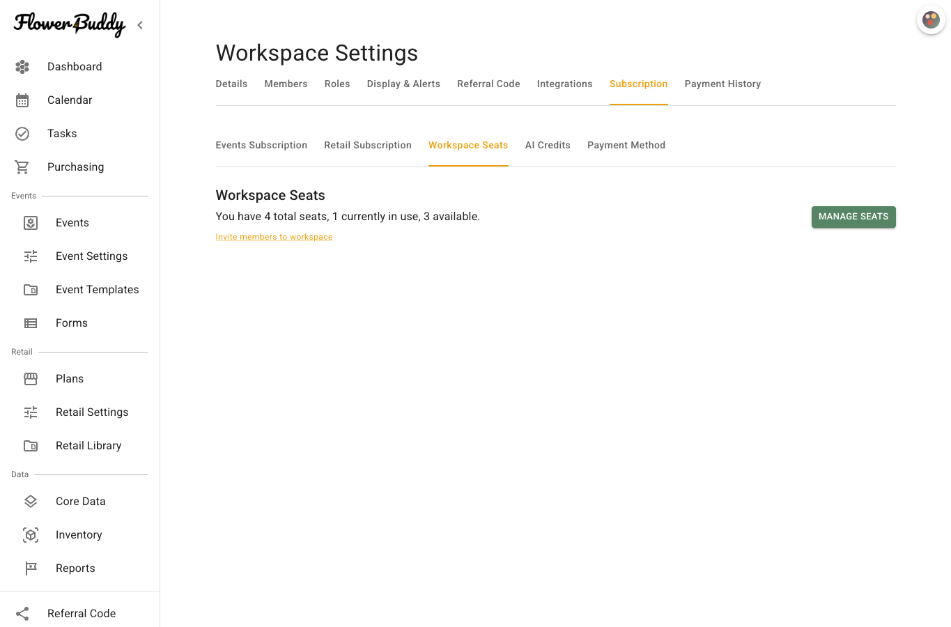 Workspace Seats tab showing the number of total, in-use, and available seats with the Manage Seats button.