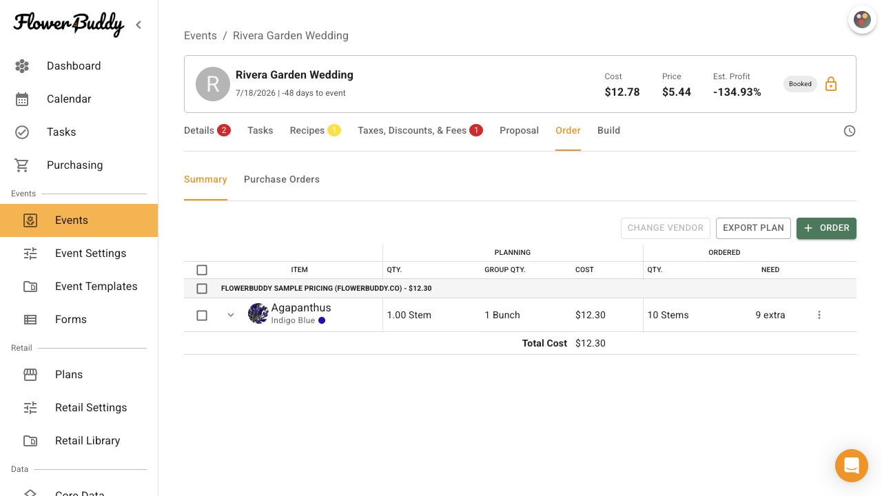 FlowerBuddy Event Order Summary showing a vendor item with Planning Qty., Group Qty., Cost, Ordered quantity, and Need columns, plus Change Vendor, Export Plan, and Order controls.
